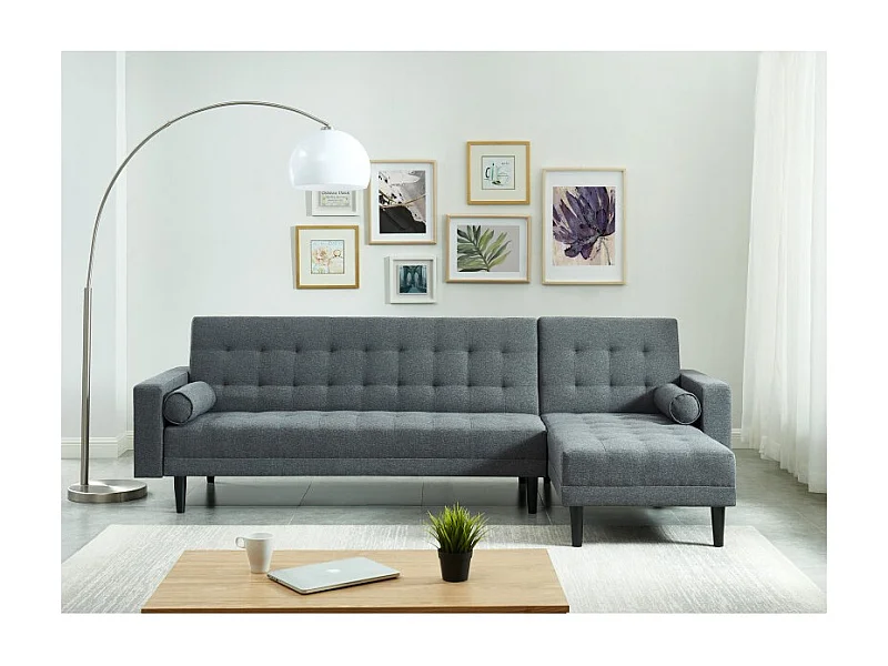 Canapé d'angle LUXURY convertible 4 places en tissu anthracite et pieds en bois avec angle réversible