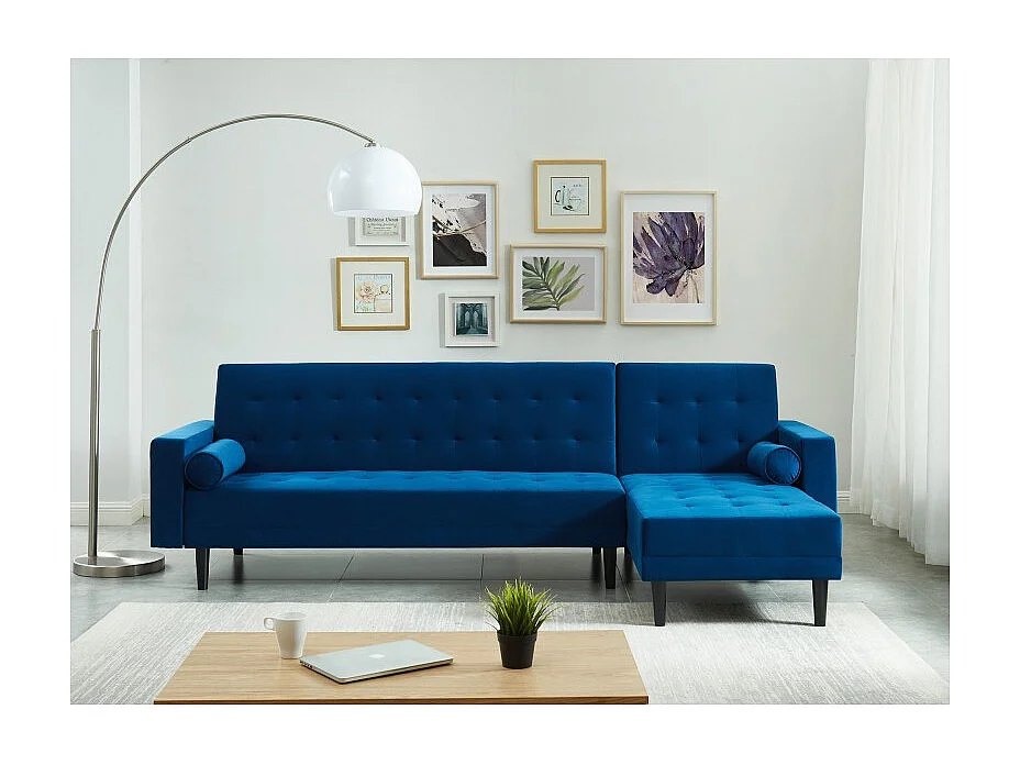 Canapé d'angle 4 places LUXURY convertbiel en velours bleu et pieds en bois avec angle réversible
