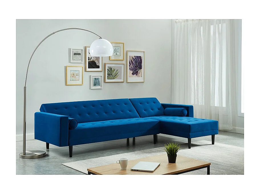 Canapé d'angle 4 places LUXURY convertbiel en velours bleu et pieds en bois avec angle réversible