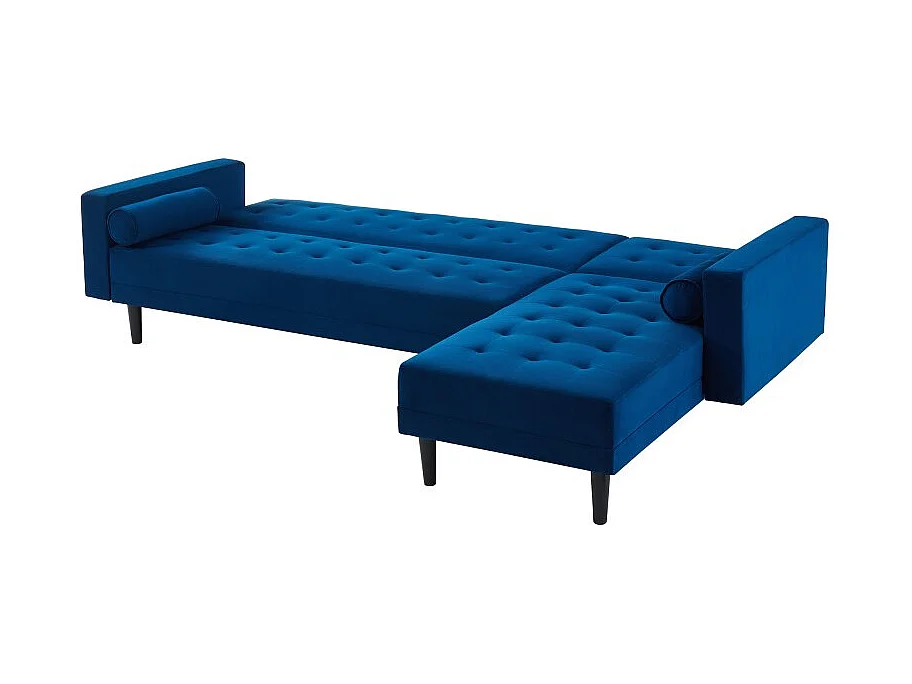 Canapé d'angle 4 places LUXURY convertbiel en velours bleu et pieds en bois avec angle réversible