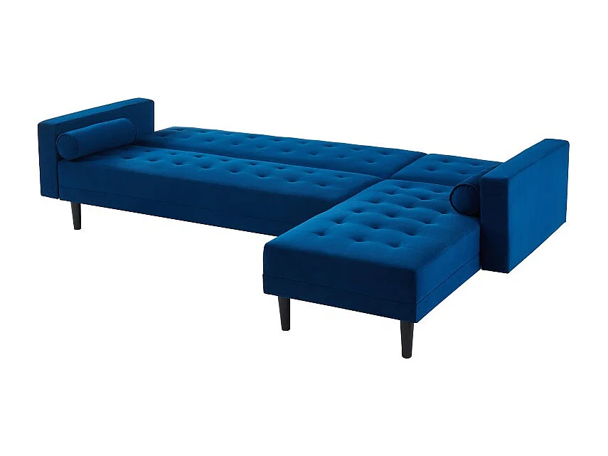 Canapé d'angle 4 places LUXURY convertbiel en velours bleu et pieds en bois avec angle réversible