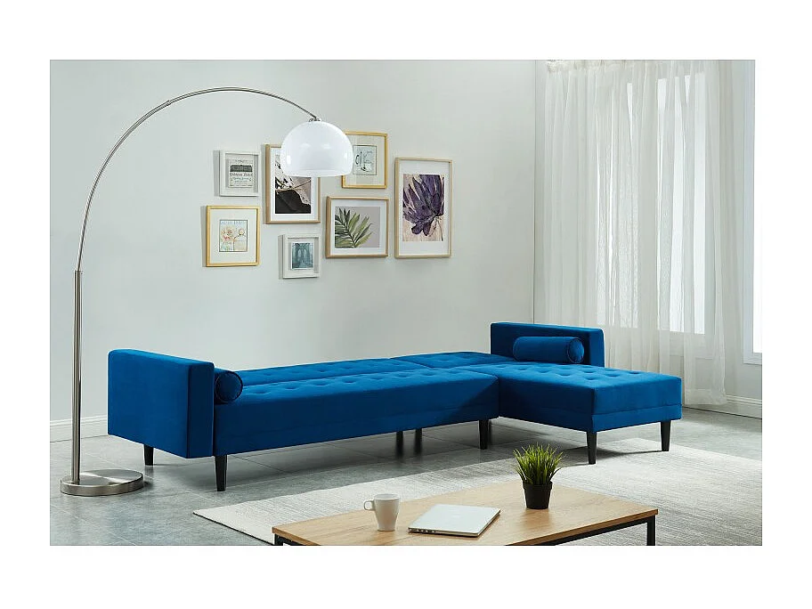Canapé d'angle 4 places LUXURY convertbiel en velours bleu et pieds en bois avec angle réversible