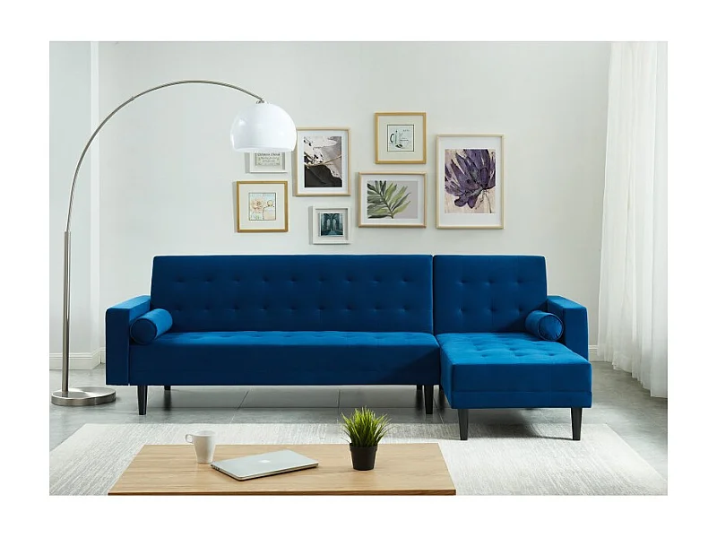 Canapé d'angle 4 places LUXURY convertbiel en velours bleu et pieds en bois avec angle réversible