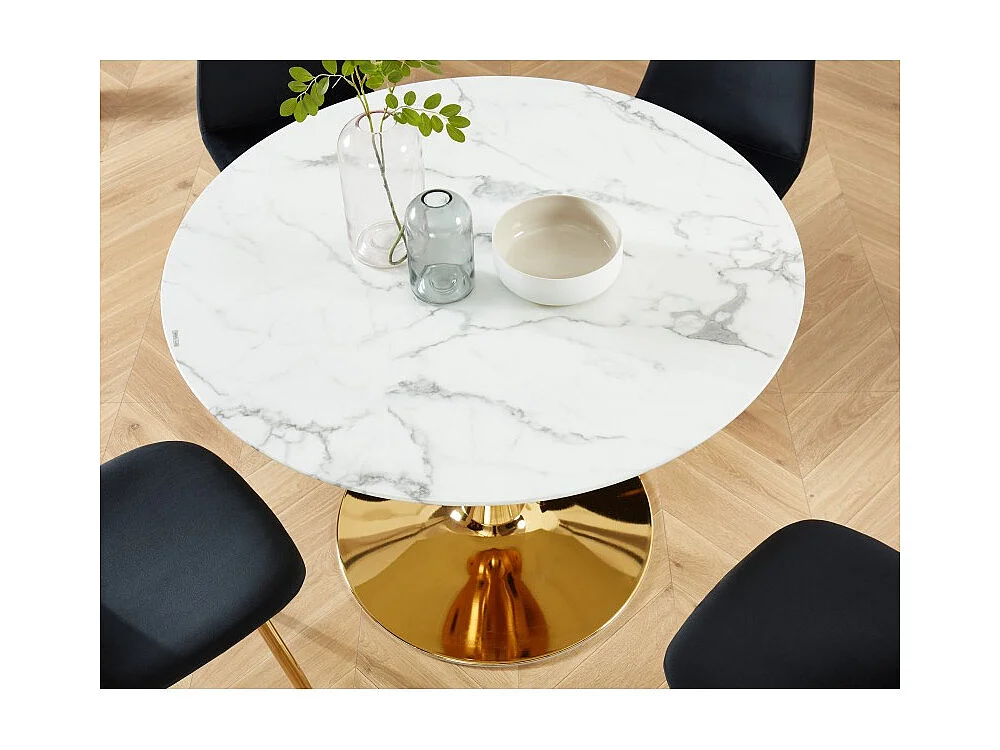 Table à manger MONIKA verre effet marbre 110cm pied doré