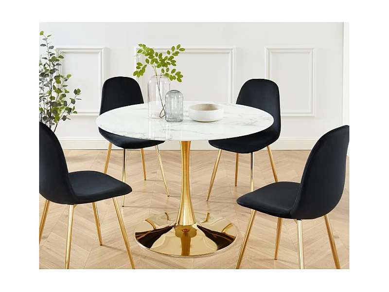Table à manger MONIKA verre effet marbre 110cm pied doré