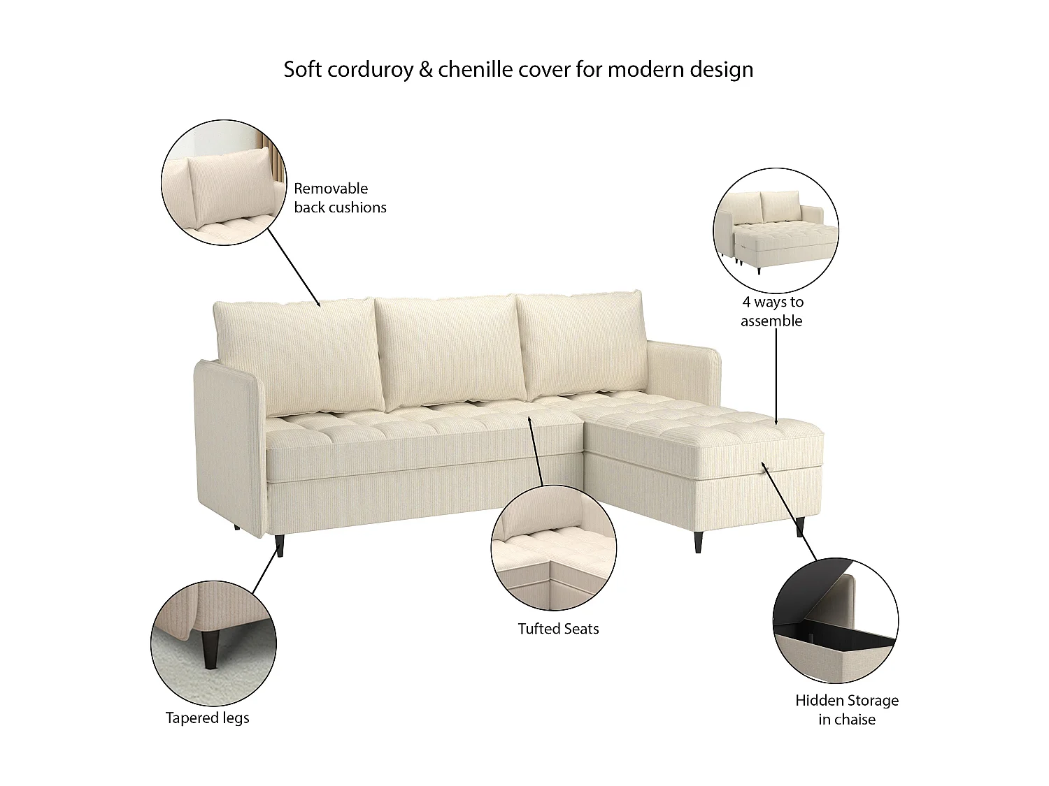 Lindhus | Canapé 3 places avec rangementMéridienne réversible en tissu marron