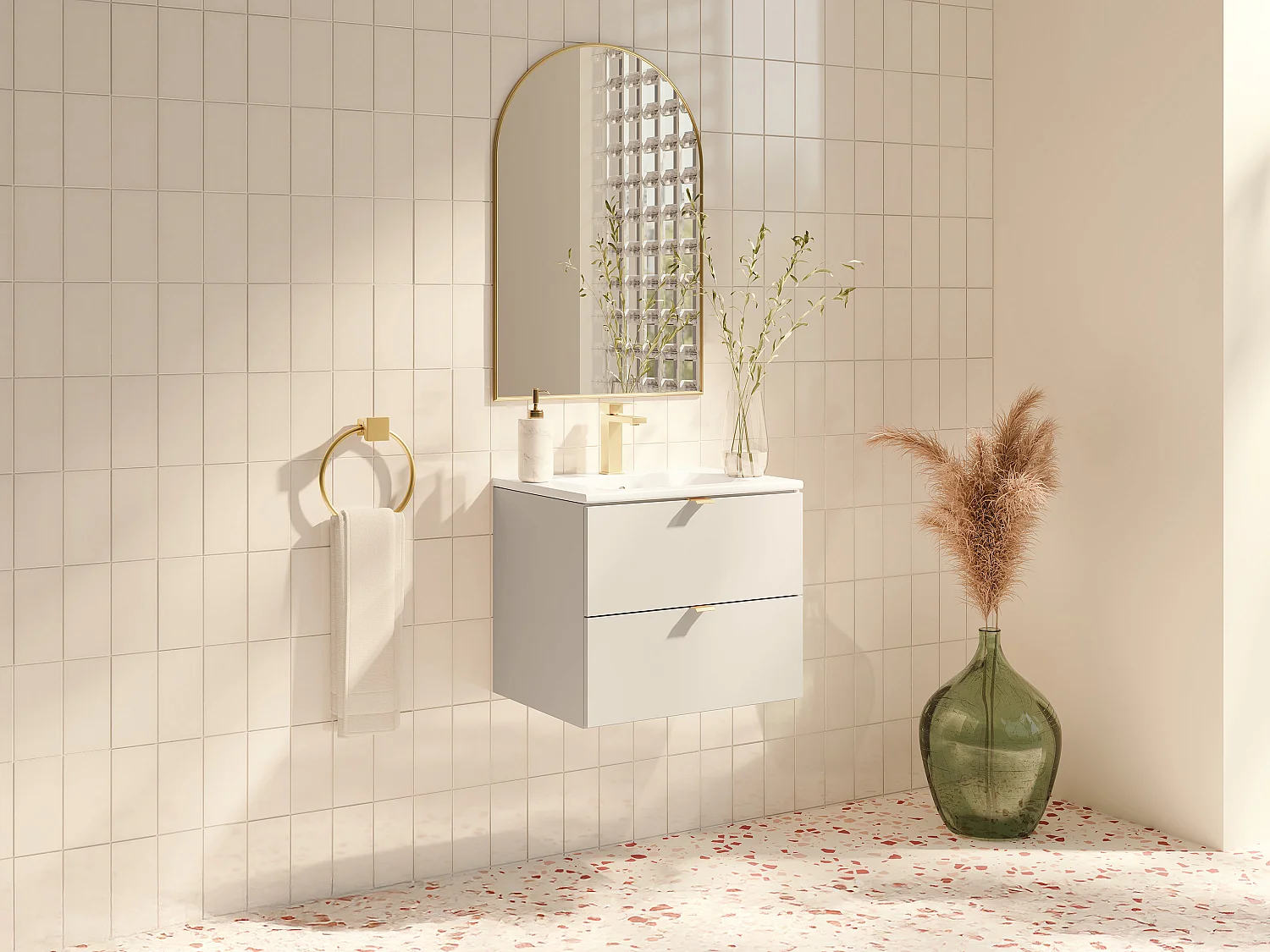 Meuble de salle de bain suspendu avec vasque à encastrer et robinet - Beige - 60 cm - LAVENA