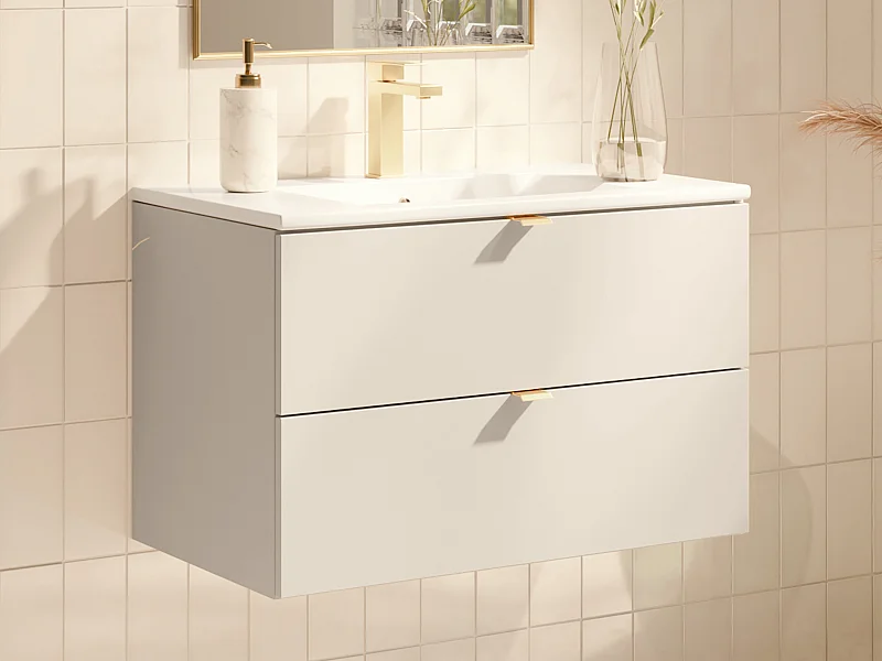Mobile bagno sospeso con lavabo da incasso e rubinetto Beige 80 cm - LAVENA