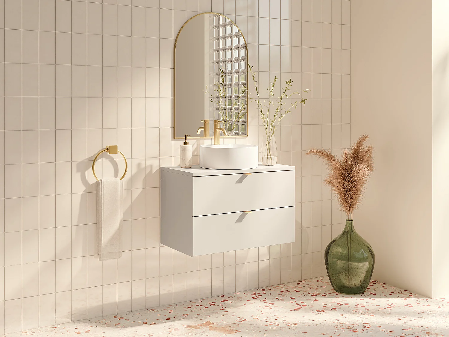 Mobile bagno sospeso con lavabo da appoggio rotondo e rubinetto Beige 80 cm - LAVENA