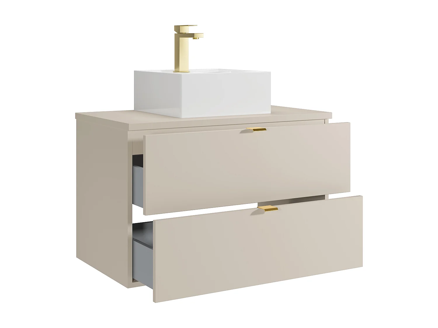 Mobile bagno sospeso con lavabo da appoggio quadrato e rubinetto Beige 80 cm - LAVENA