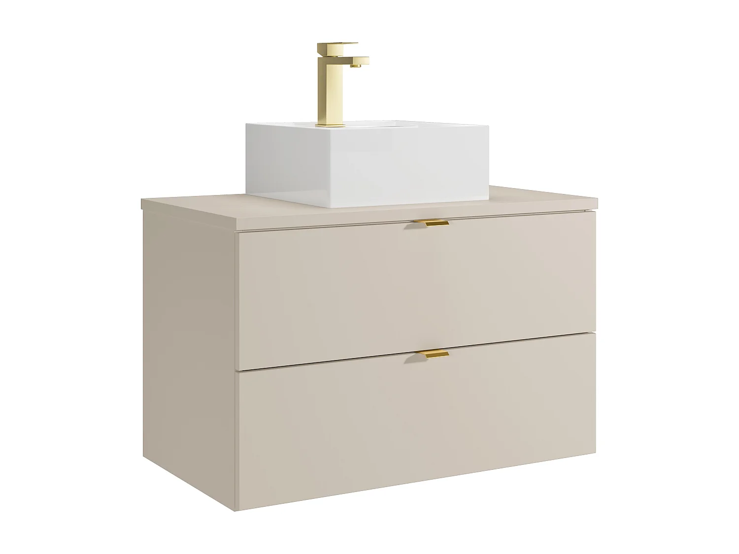 Mobile bagno sospeso con lavabo da appoggio quadrato e rubinetto Beige 80 cm - LAVENA