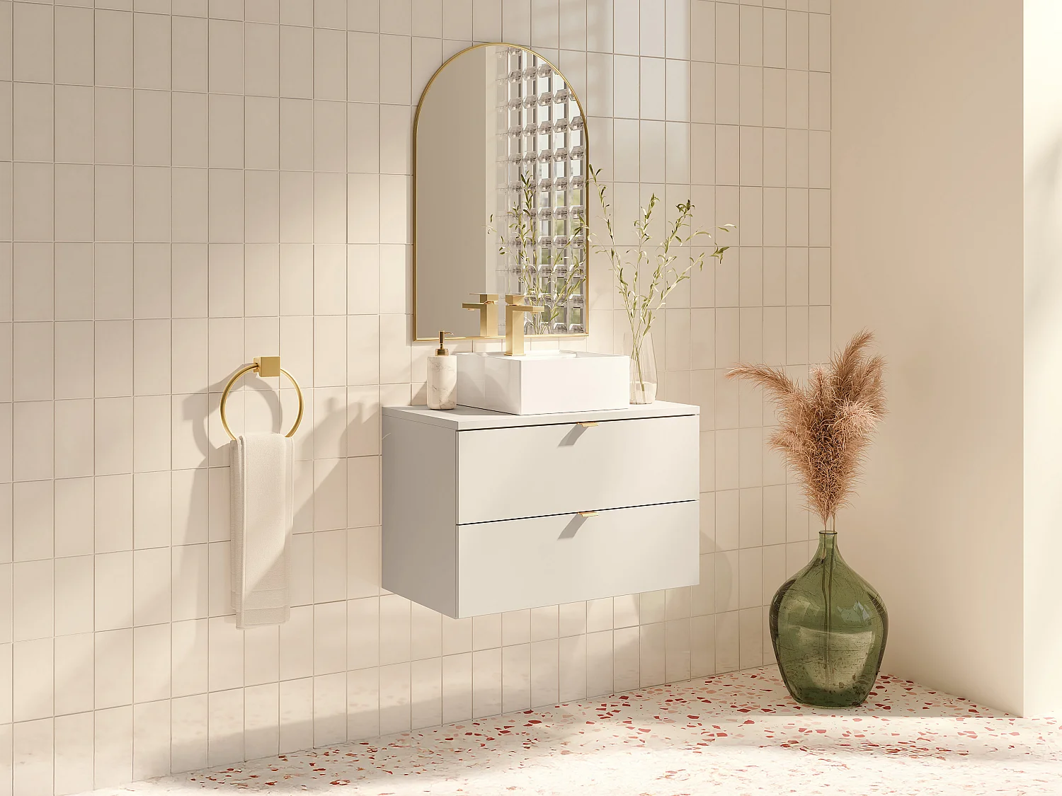 Mobile bagno sospeso con lavabo da appoggio quadrato e rubinetto Beige 80 cm - LAVENA