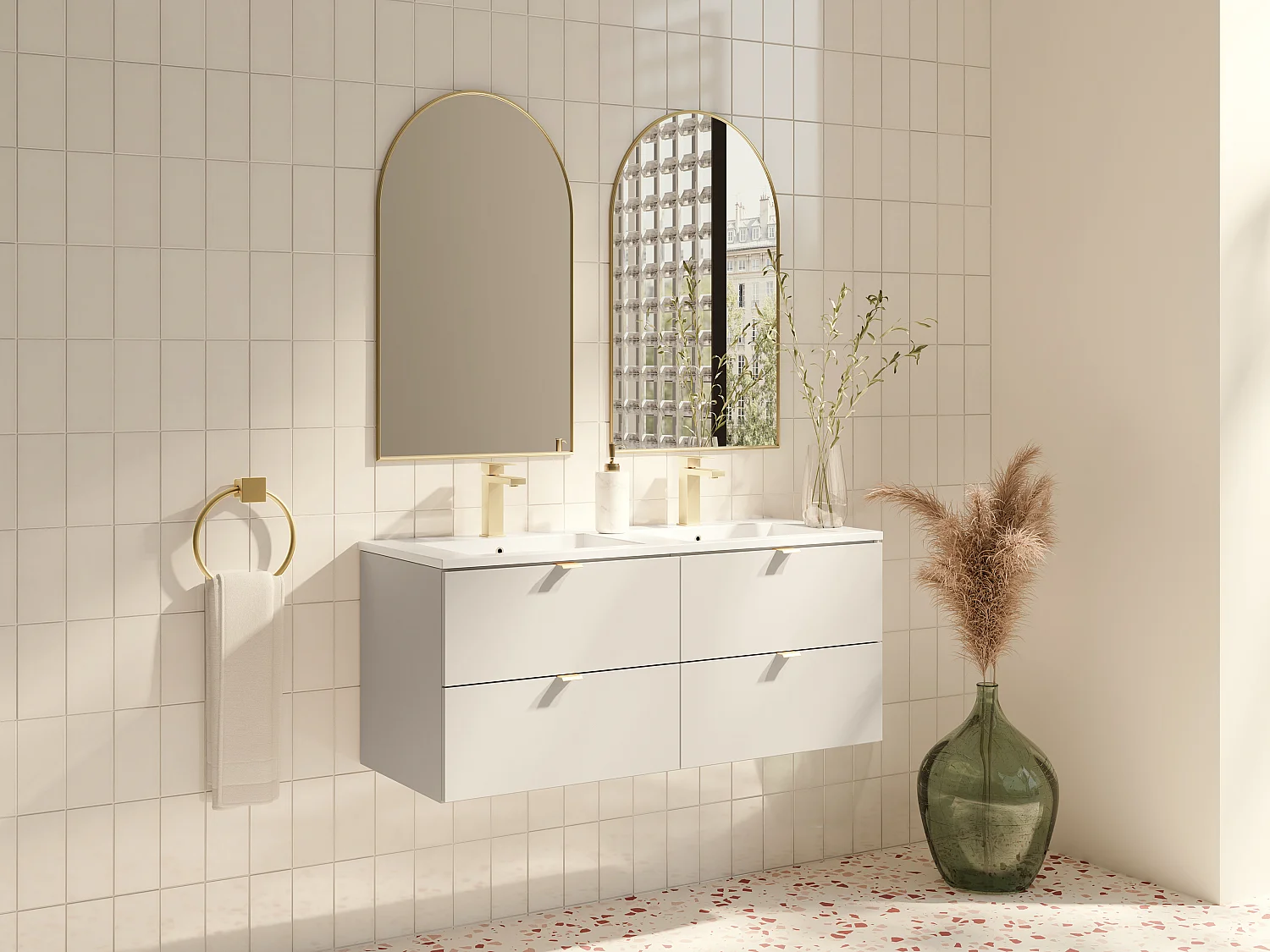 Meuble de salle de bain suspendu avec vasque à encastrer et robinet - Beige - 120 cm - LAVENA