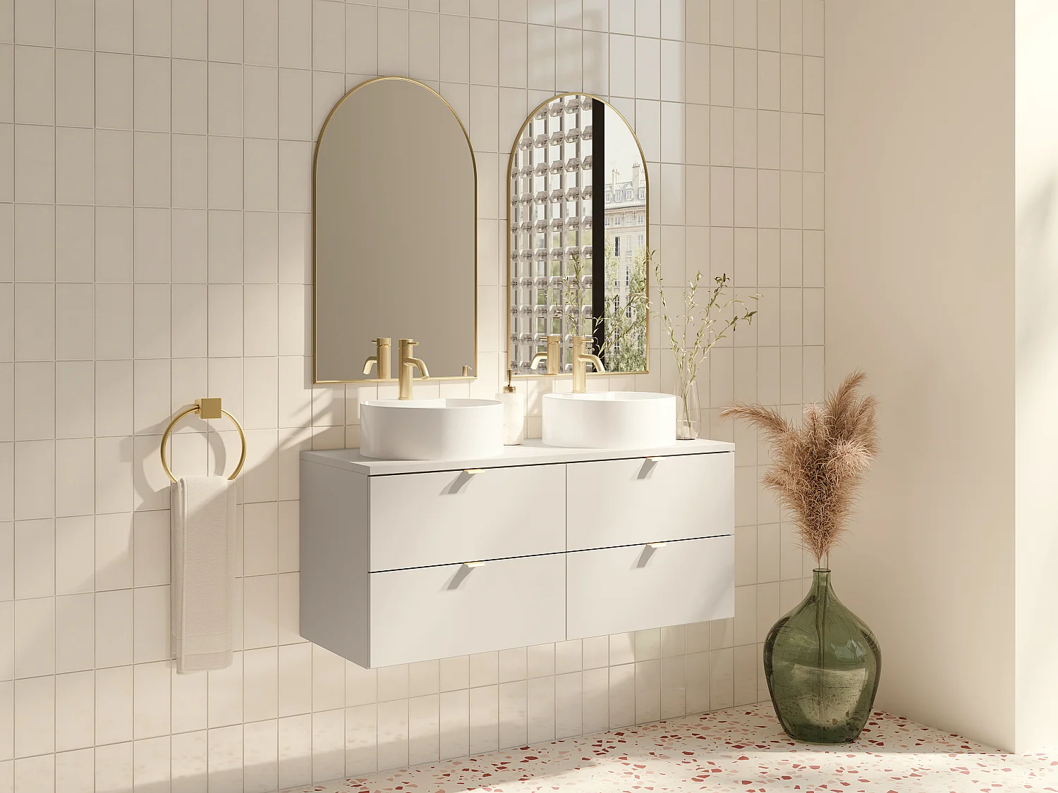 Mobile bagno sospeso con lavabo da appoggio rotondo e rubinetto Beige 120 cm - LAVENA