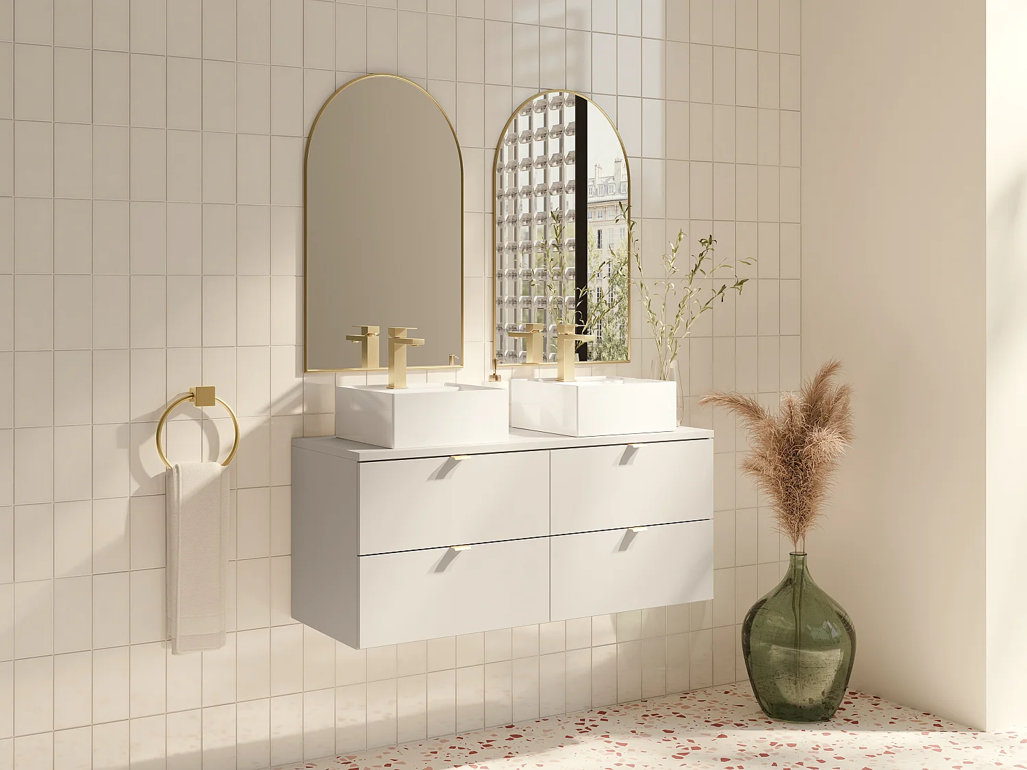 Mobile bagno sospeso con lavabo da appoggio quadrato Beige 120 cm - LAVENA