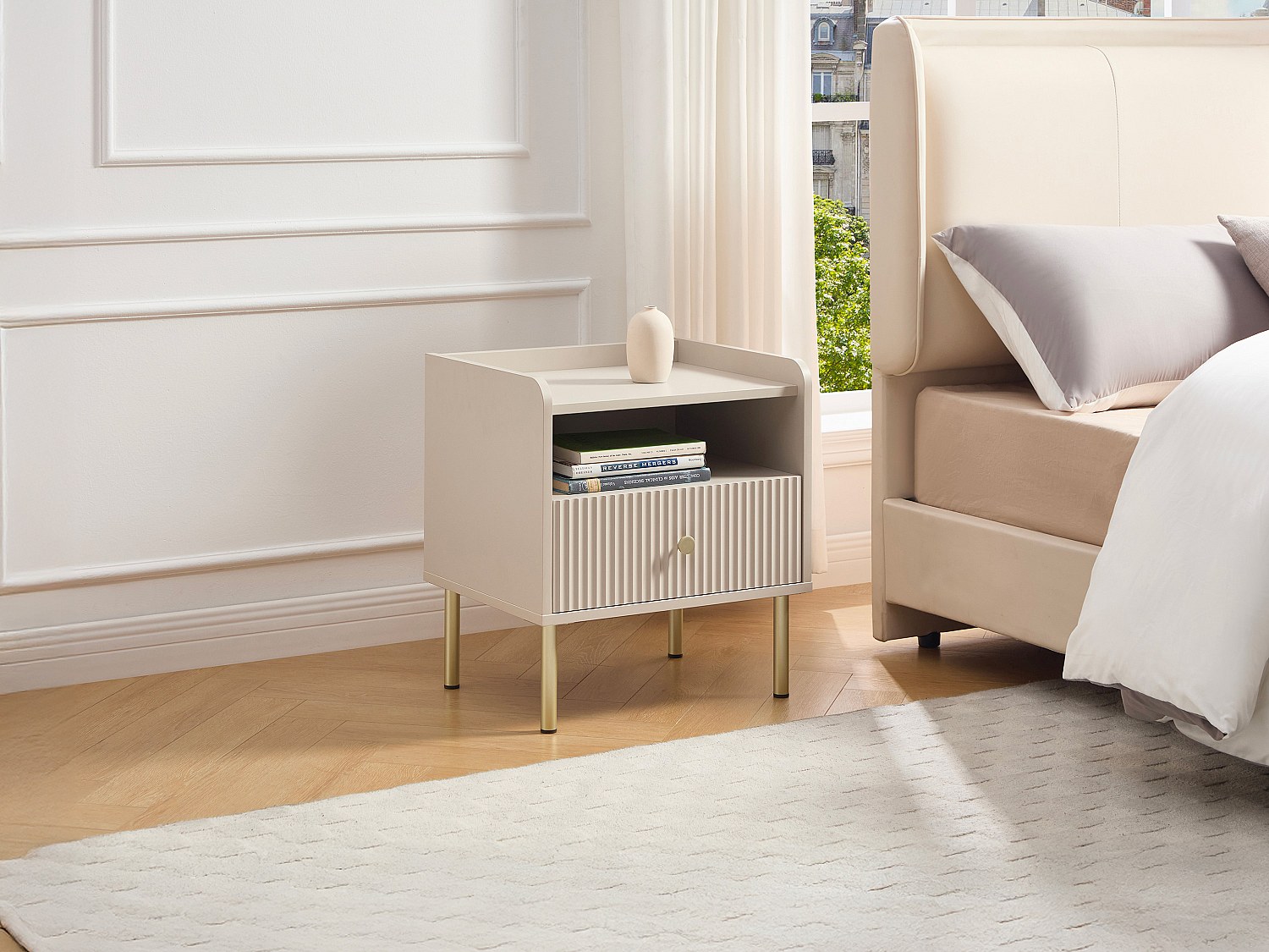 Nachttisch 2er-Set  mit 1 Schublade und 1 Nische - Beige und Gold - LUNAOR günstig online kaufen