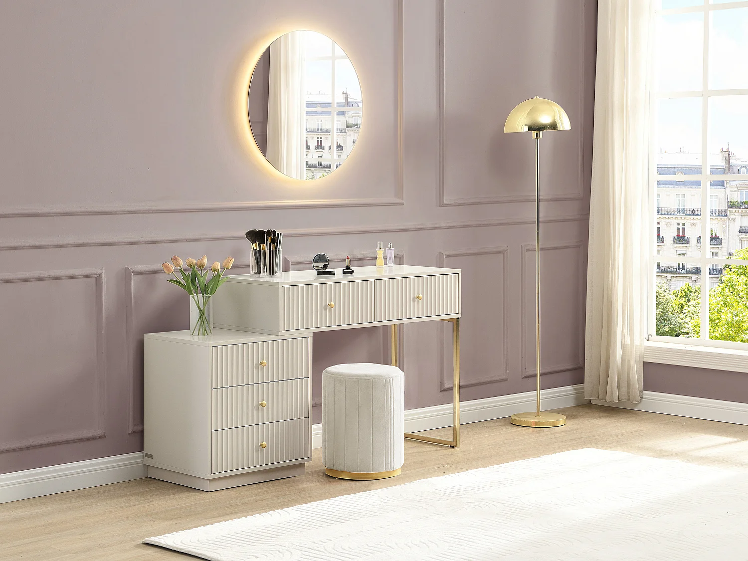 Coiffeuse avec miroir - 5 tiroirs - Beige et doré - PEROLIA