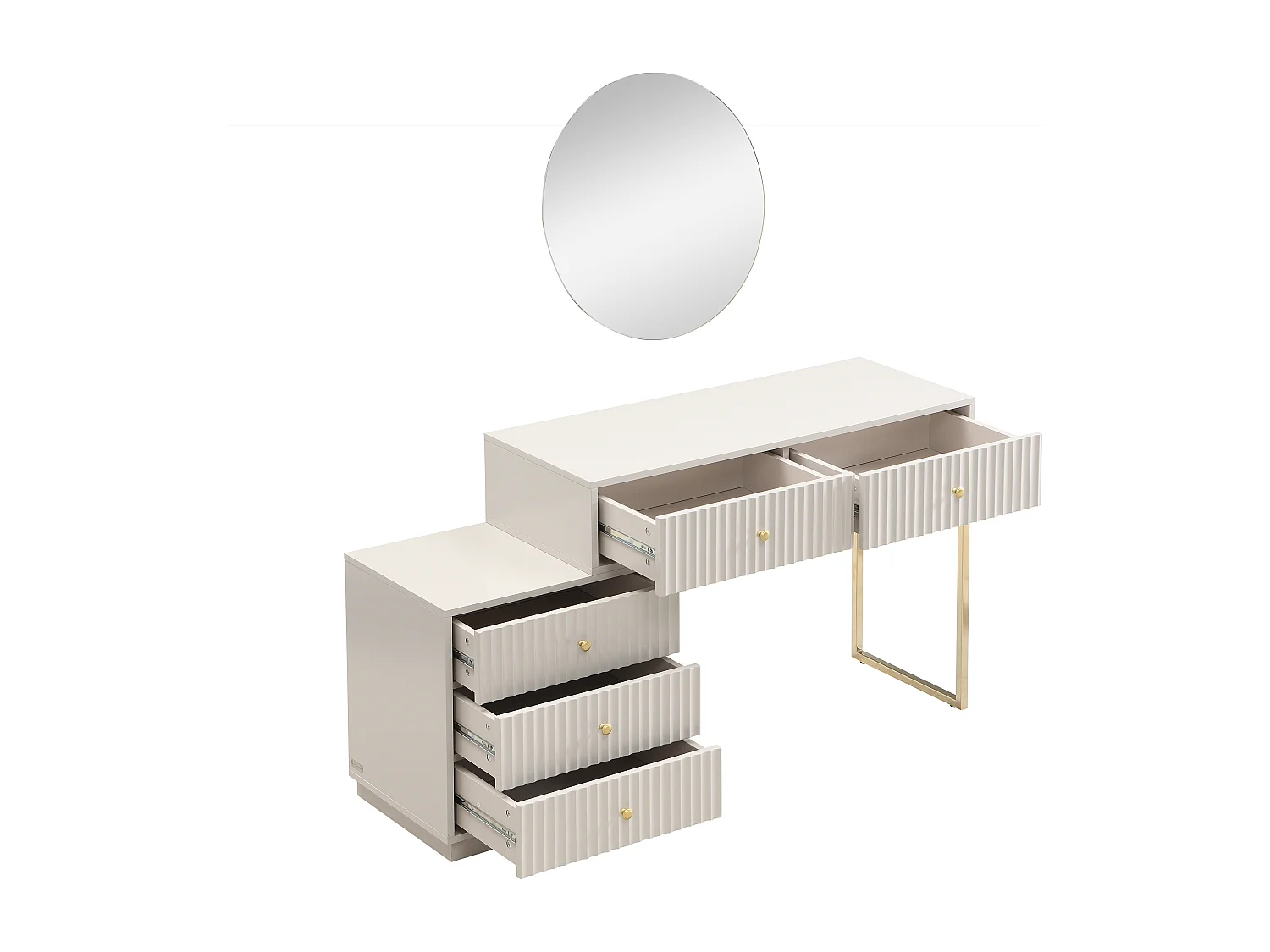 Coiffeuse avec miroir - 5 tiroirs - Beige et doré - PEROLIA