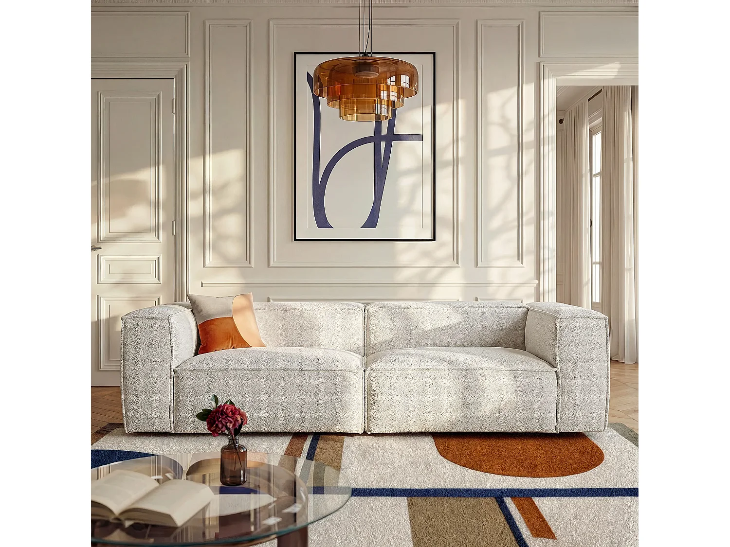 Canapé 4 places en tissu bouclette - Beige mélangé