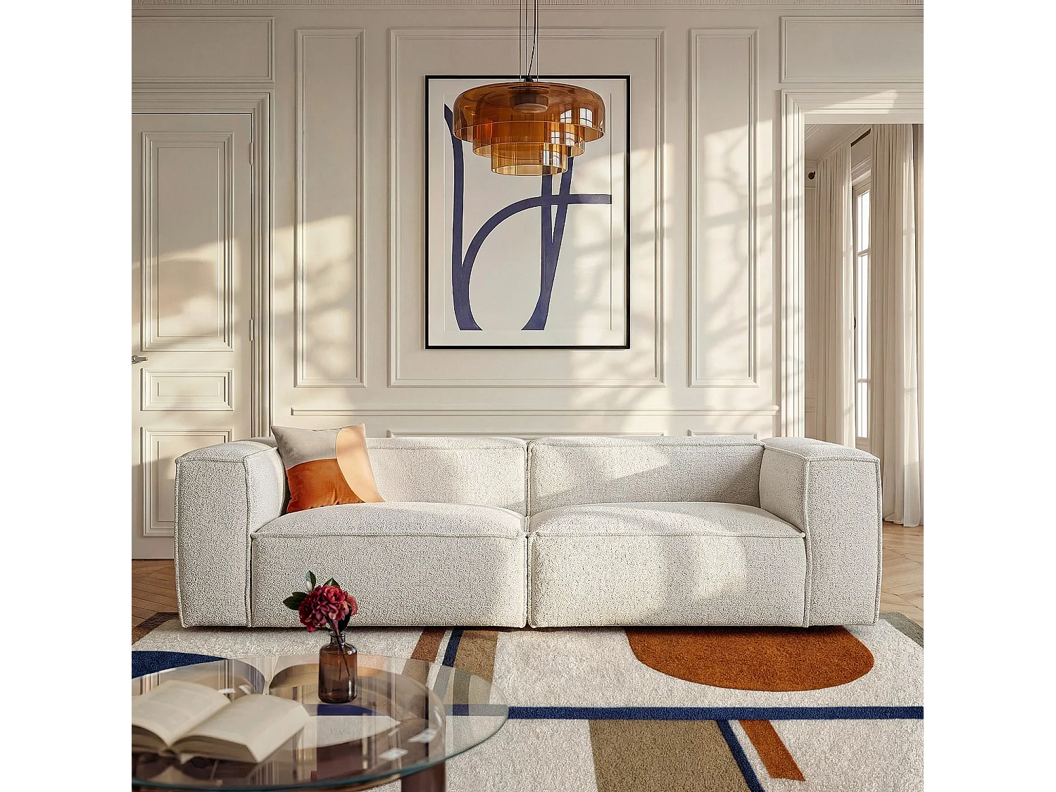 Canapé 4 places en tissu bouclette - Beige mélangé