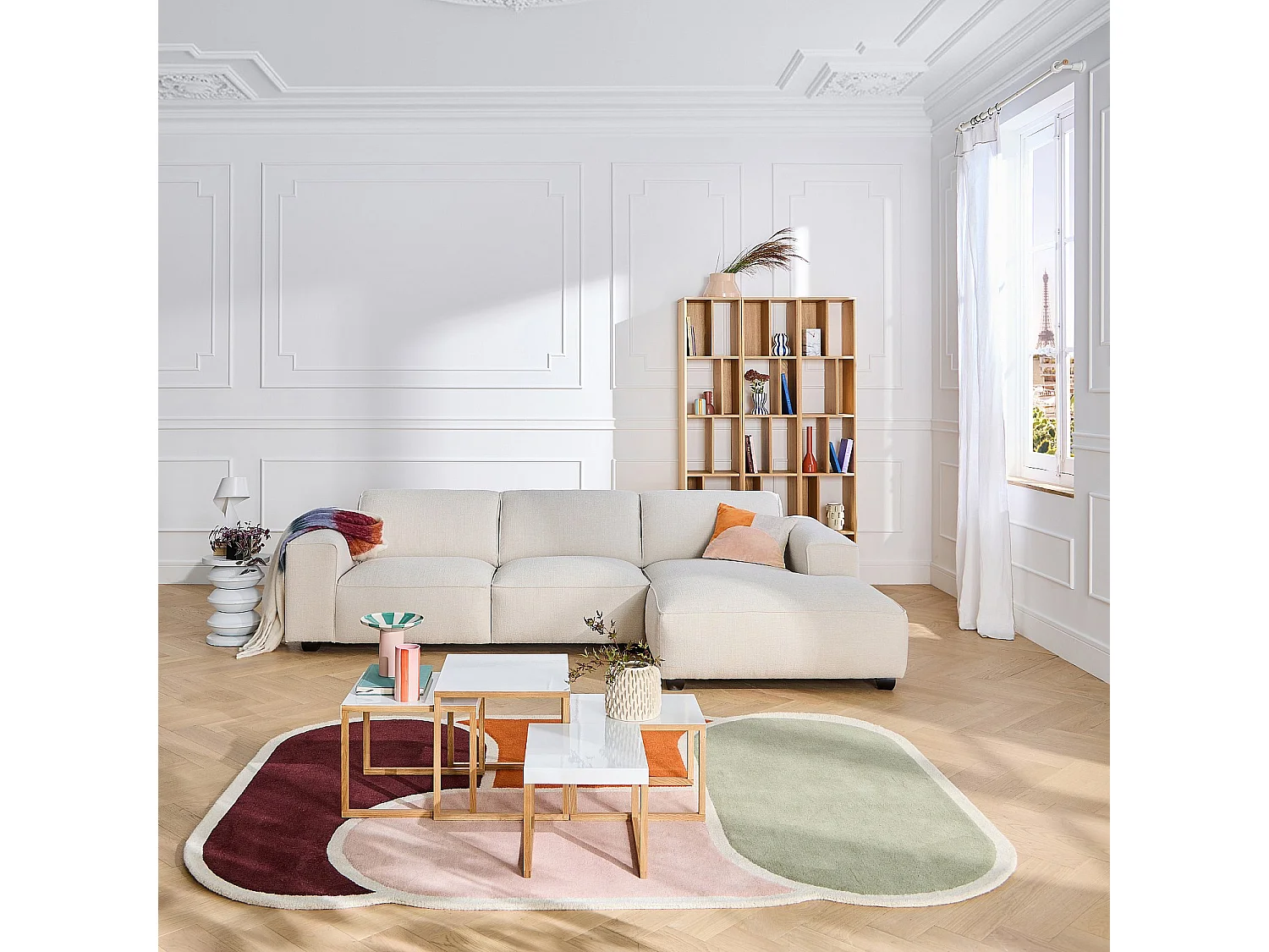 Canapé d'angle droit en tissu bouclette courte Mira - Ivoire