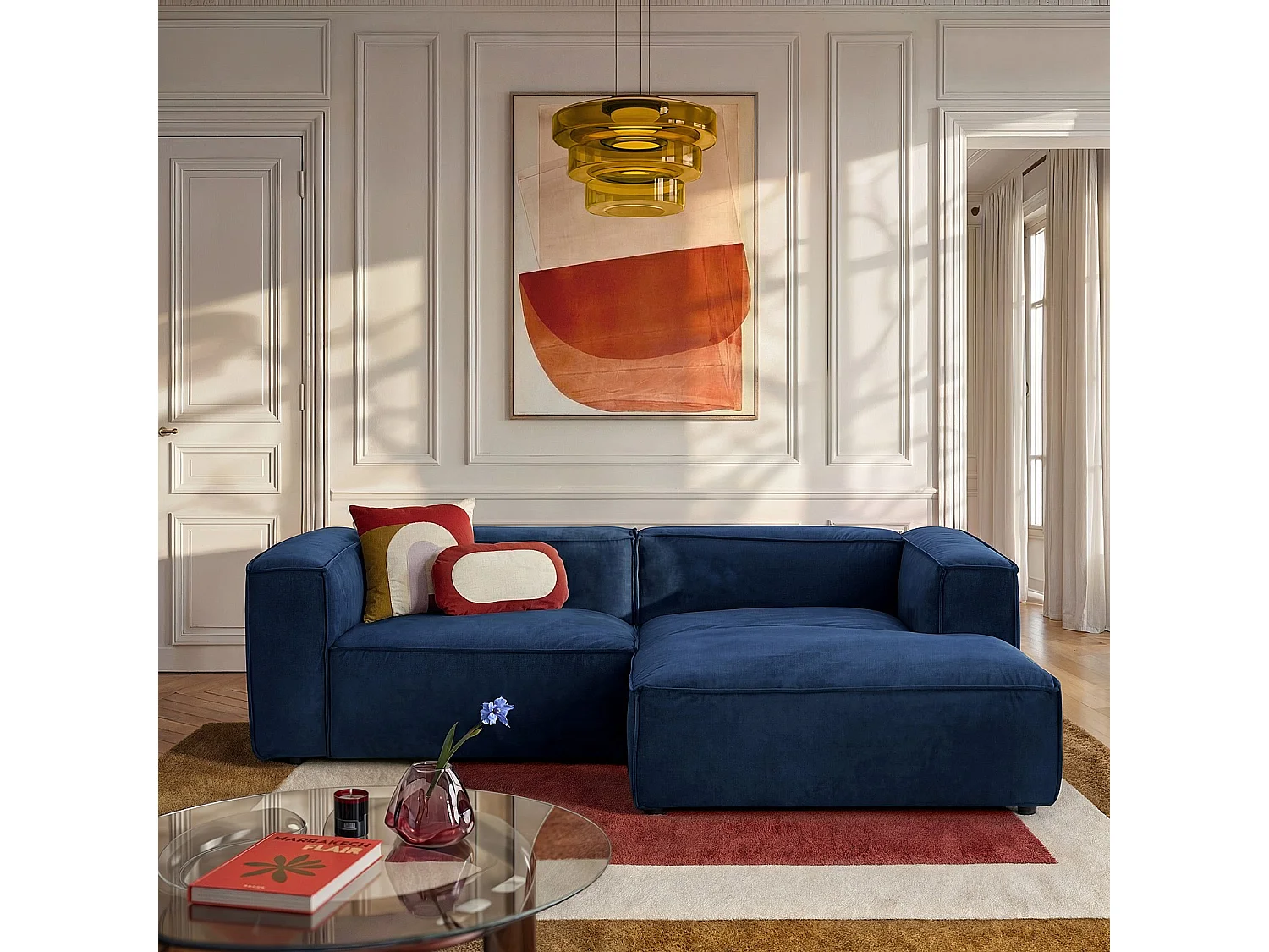 Canapé d'angle droit en velours - Bleu marine