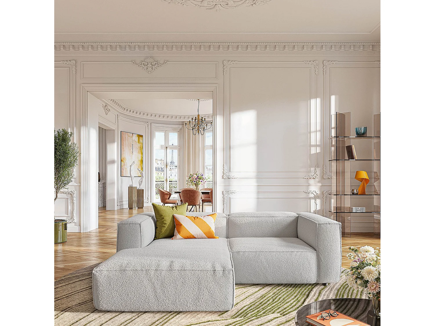 Canapé d'angle gauche en tissu bouclette - Beige mélangé