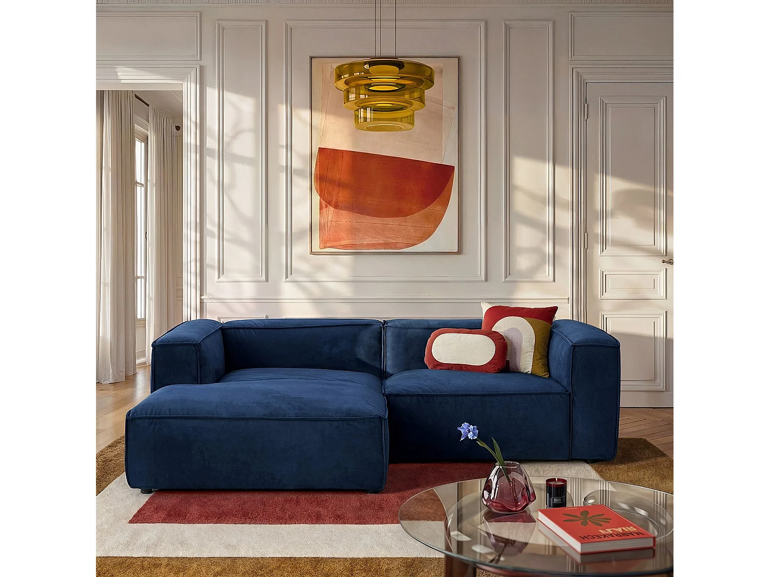 Canapé d'angle gauche en velours - Bleu marine