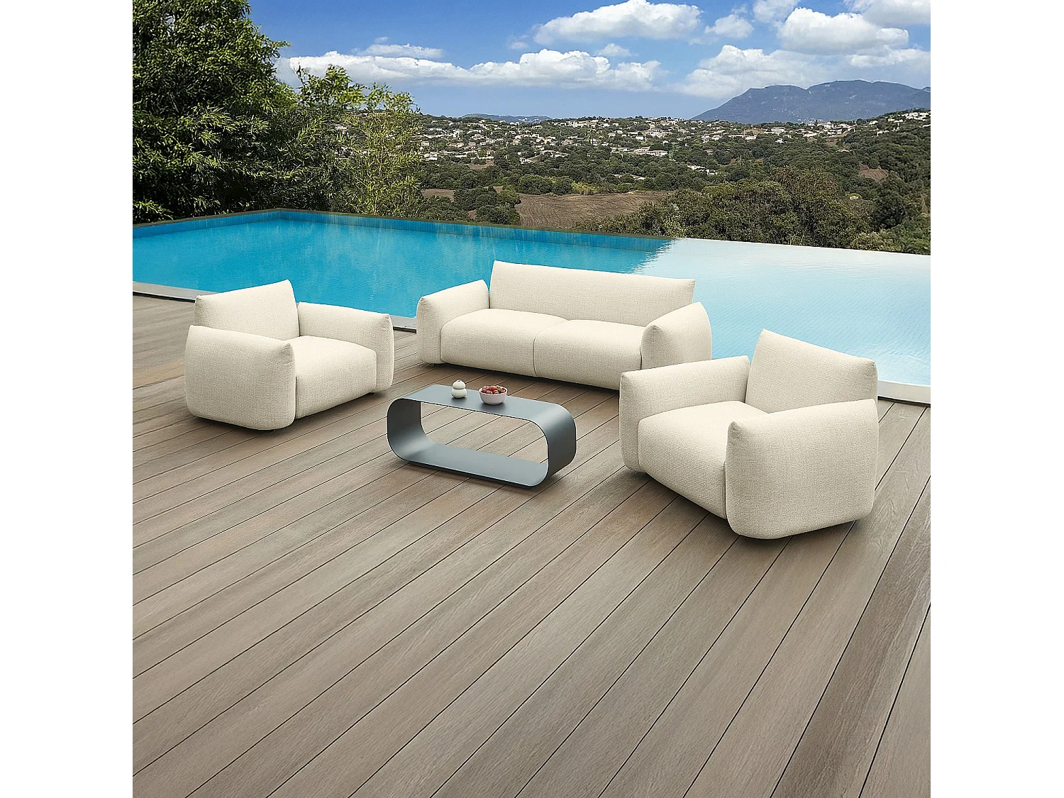 Canapé de jardin 3 places en tissu déperlant - Crème