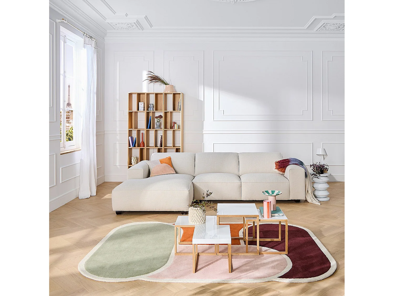 Canapé d'angle gauche en tissu bouclette courte Mira - Ivoire