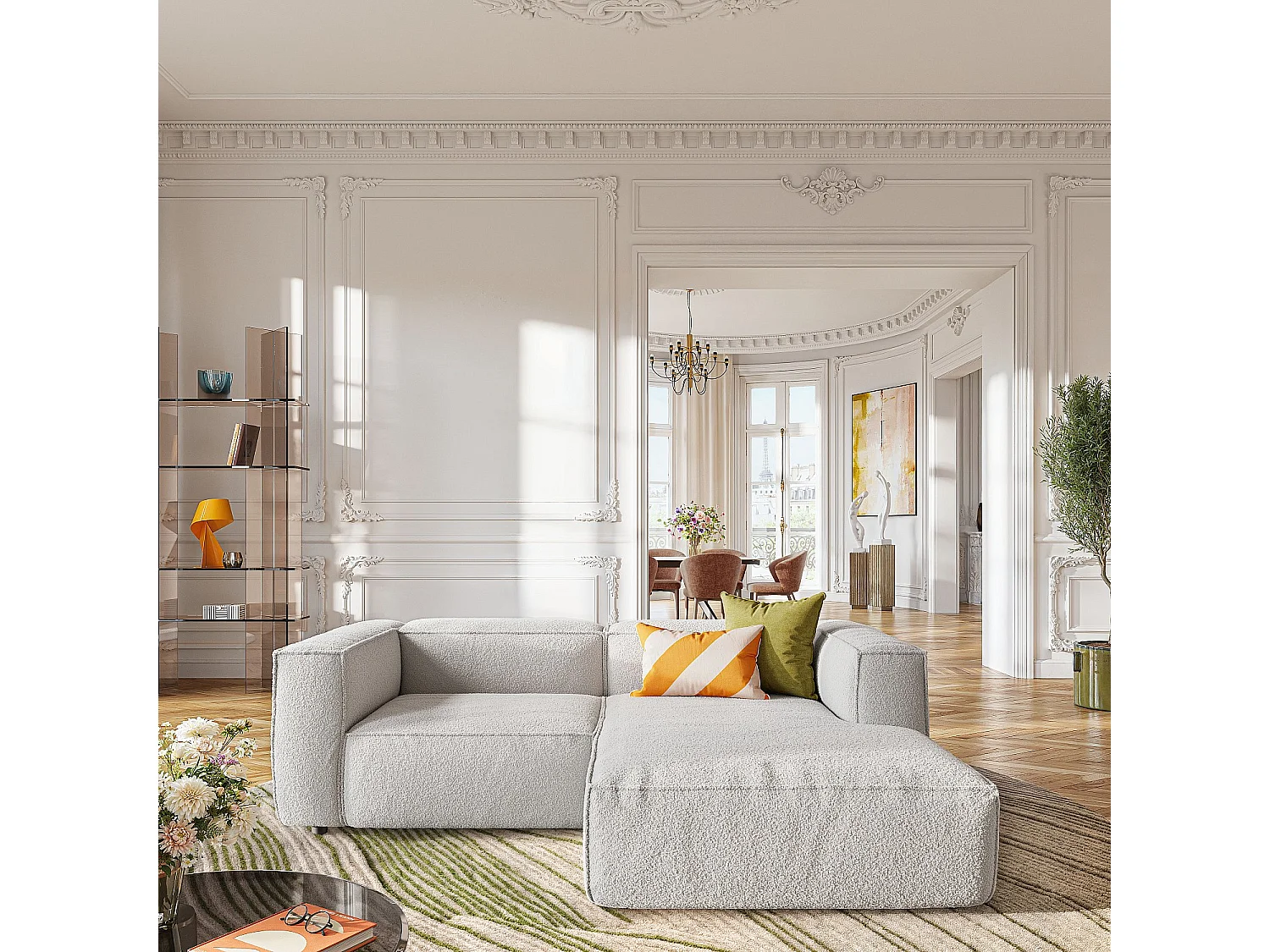 Habitat - Canapé d'angle droit en tissu bouclette - Beige mélangé - Kuti