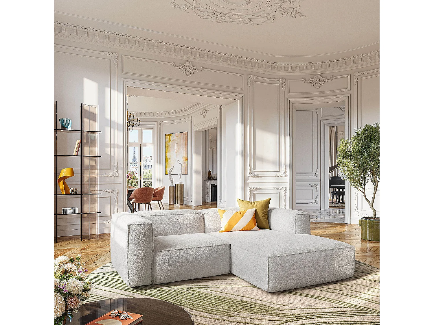 Habitat - Canapé d'angle droit en tissu bouclette - Beige mélangé - Kuti