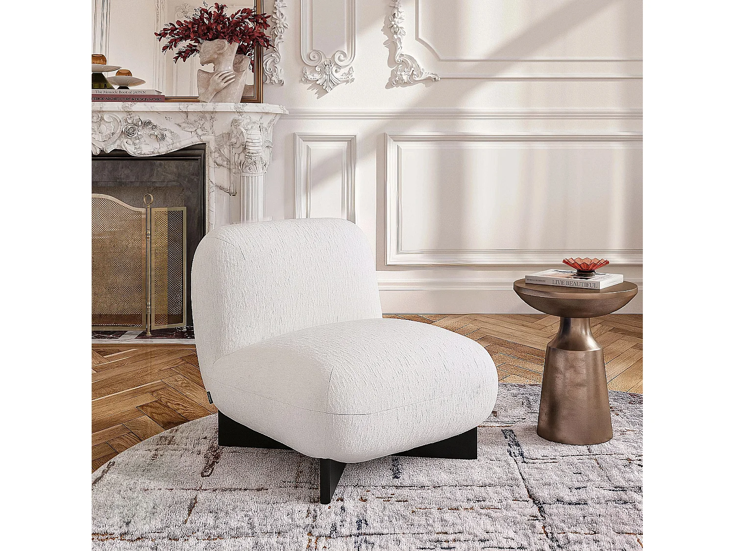 Habitat - Fauteuil en tissu texturé et bois massif noir - Écru - Skopi