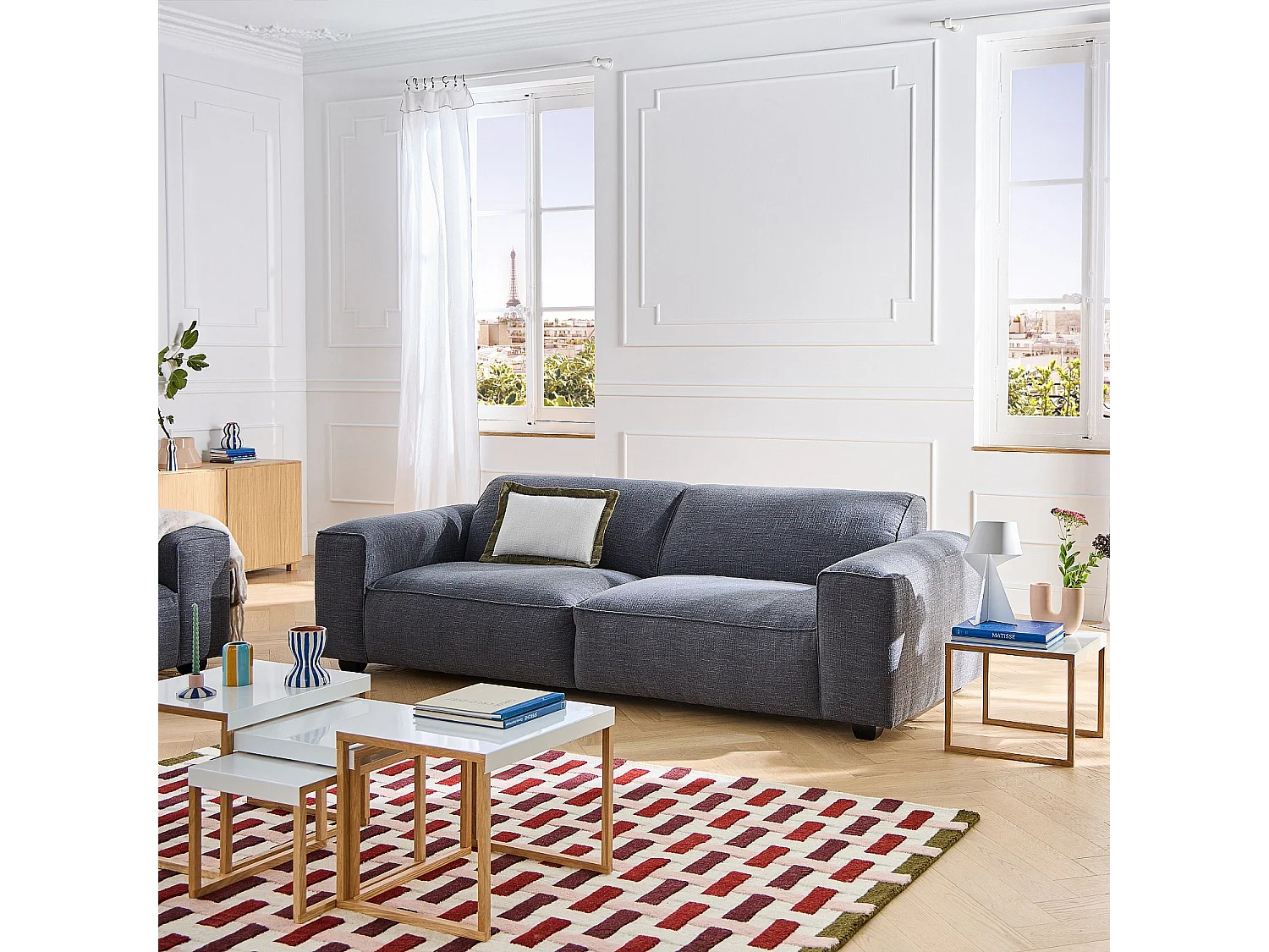 Habitat - Canapé 4 places en tissu bouclette courte Mira - Bleu denim - Posada II