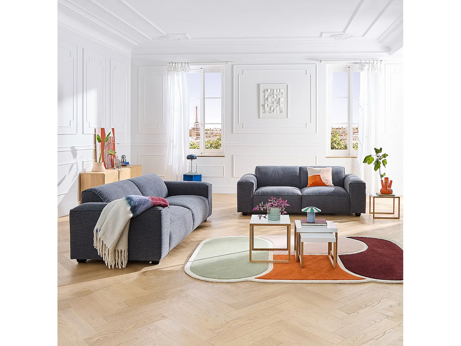 Canapé 3 places en tissu bouclette courte Mira - Bleu denim