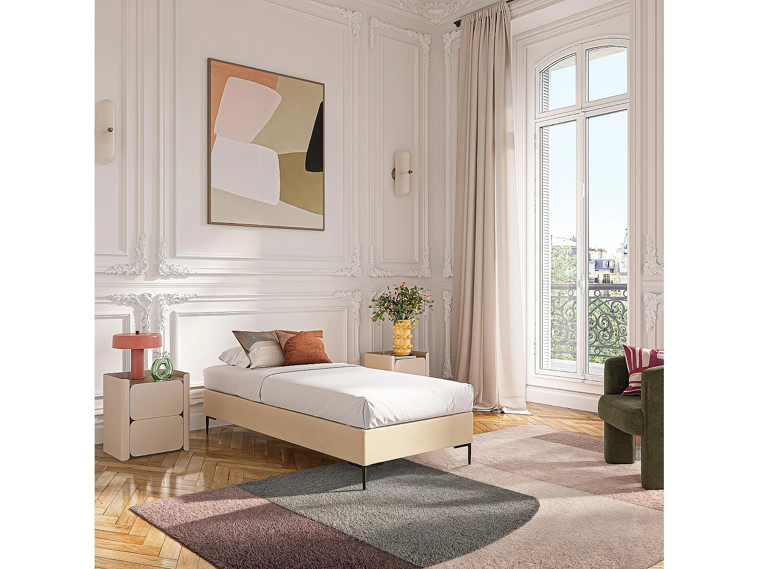 Sommier tapissier à lattes en tissu - 90 x 200 cm - Crème