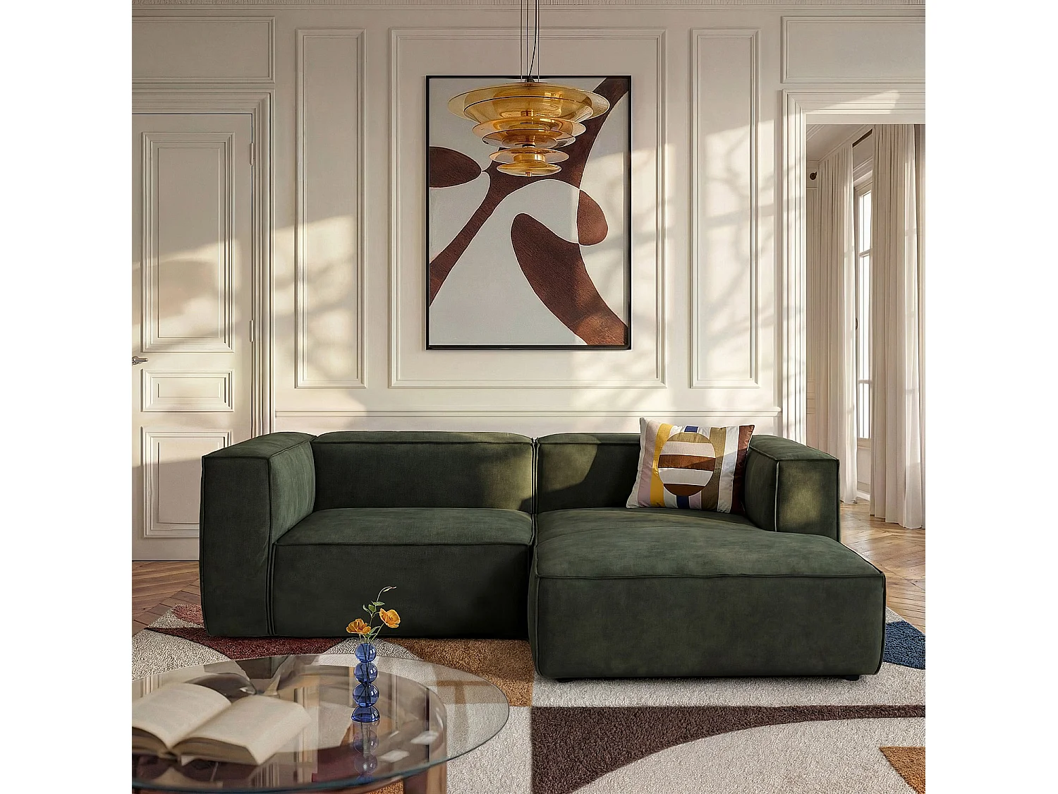 Canapé d'angle droit en velours - Vert kaki