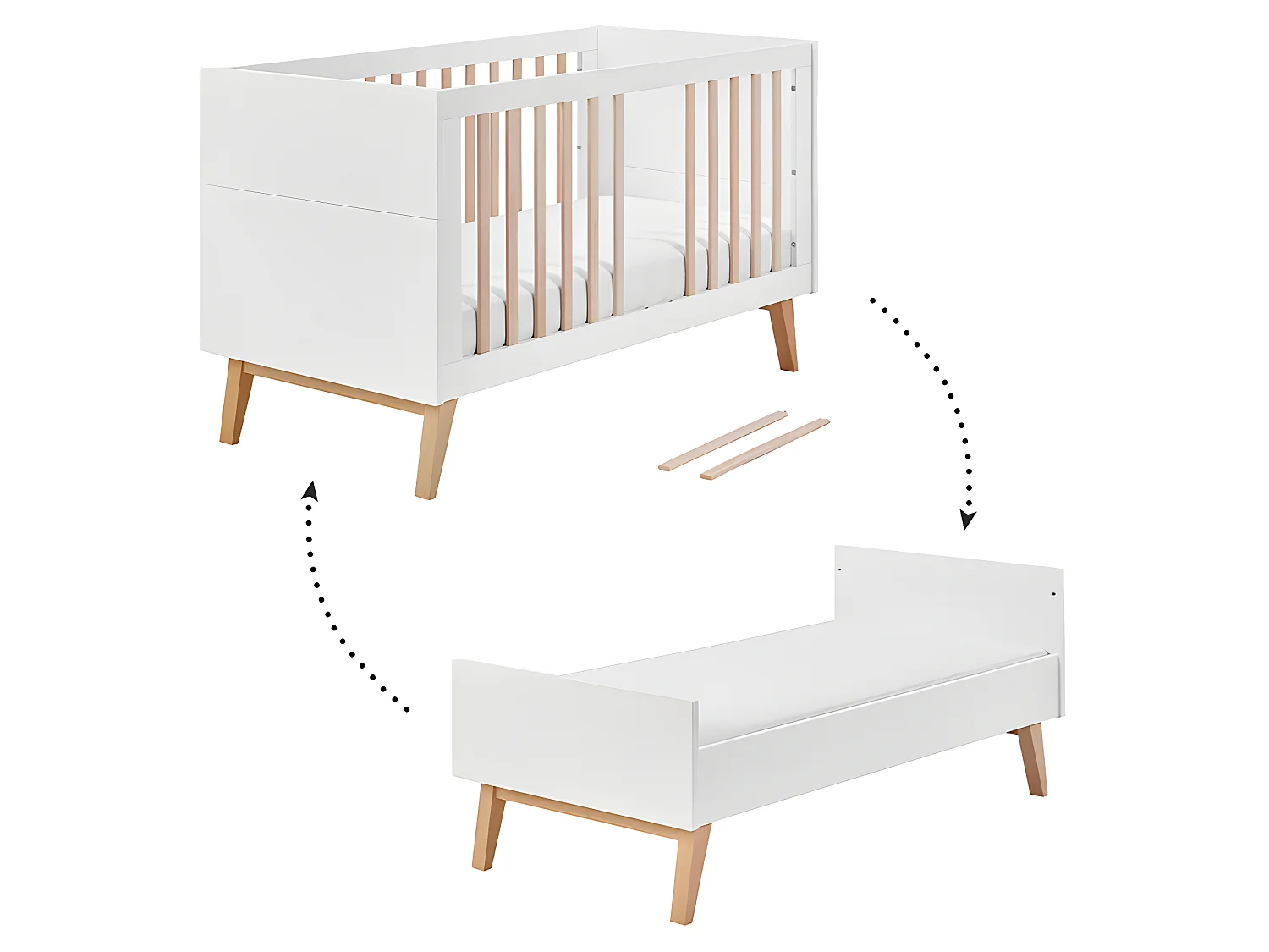 Lit évolutif 70x140 et commode 3 tiroirs Swing - Blanc et bois