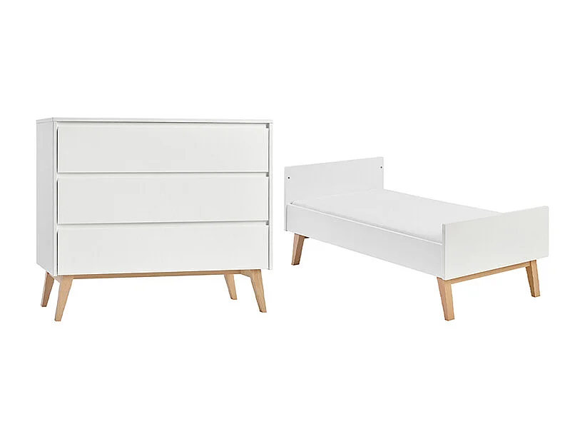 Lit évolutif 70x140 et commode 3 tiroirs Swing - Blanc et bois