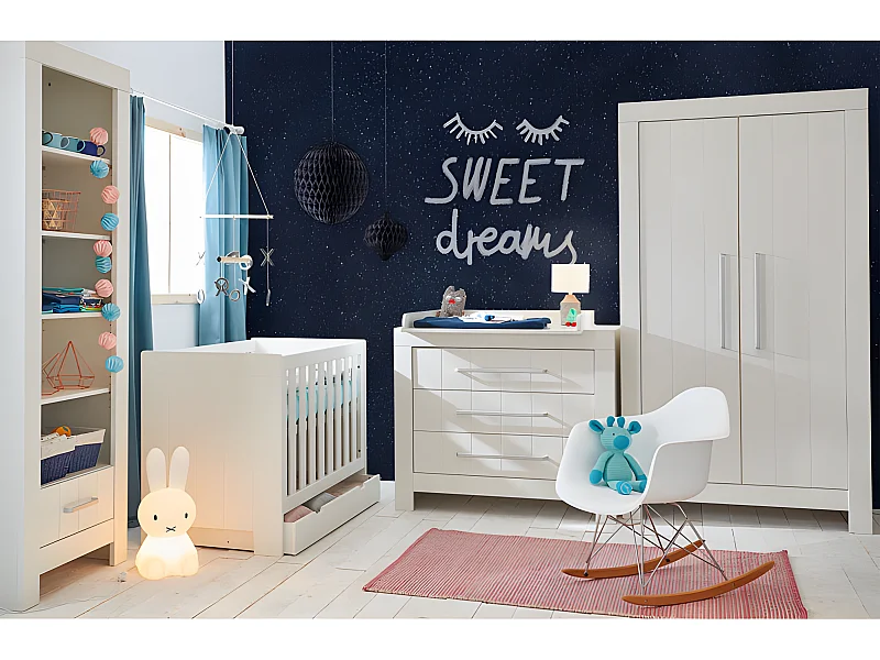Chambre complète lit bébé - commode à langer - armoire Calmo Blanc