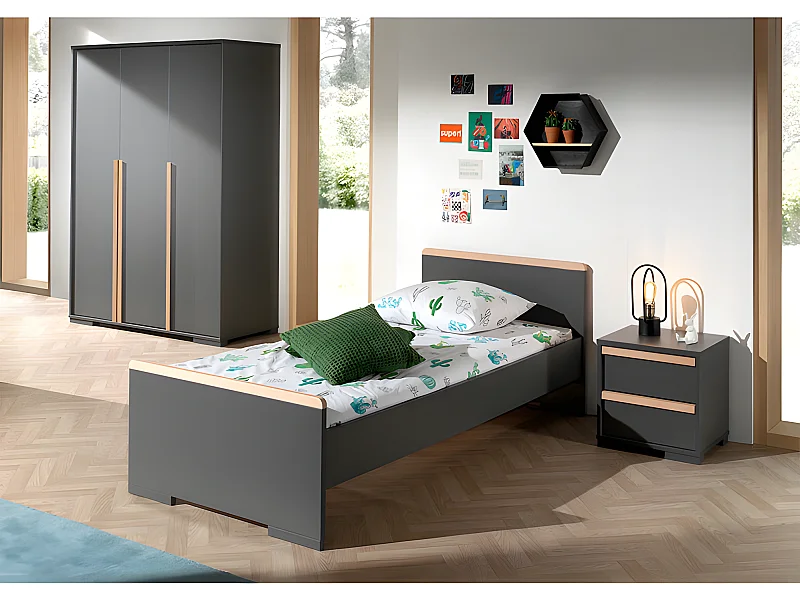 Pack - Lit Enfant, Chevet & Armoire 3 Portes "London" Gris Anthracite