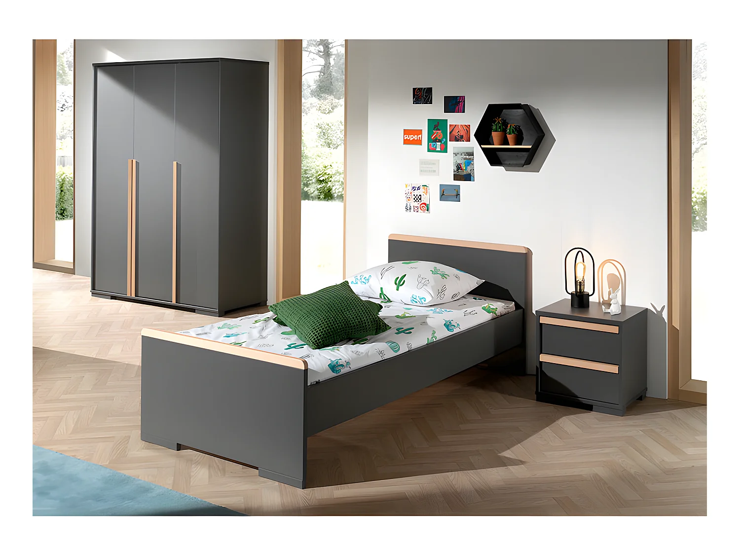 Pack - Lit Enfant, Chevet & Armoire 3 Portes "London" Gris Anthracite