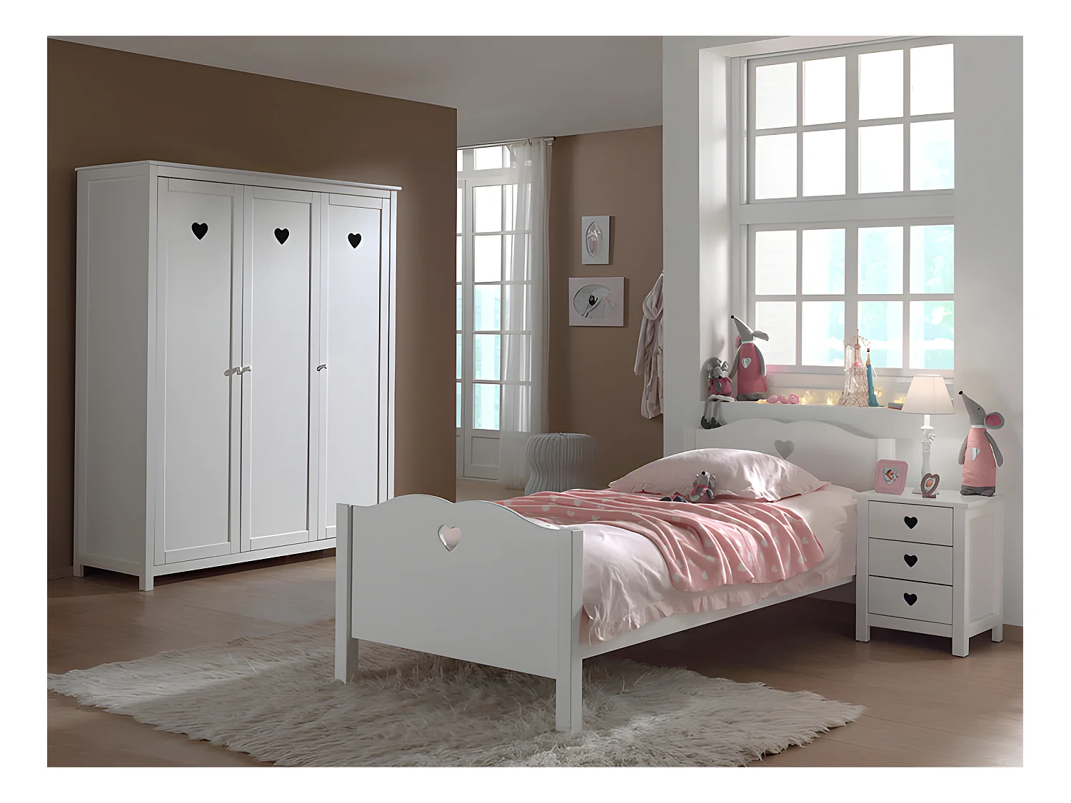 Pack - Lit Enfant, Sommier, Chevet & Armoire "Amori" 90x200cm Blanc