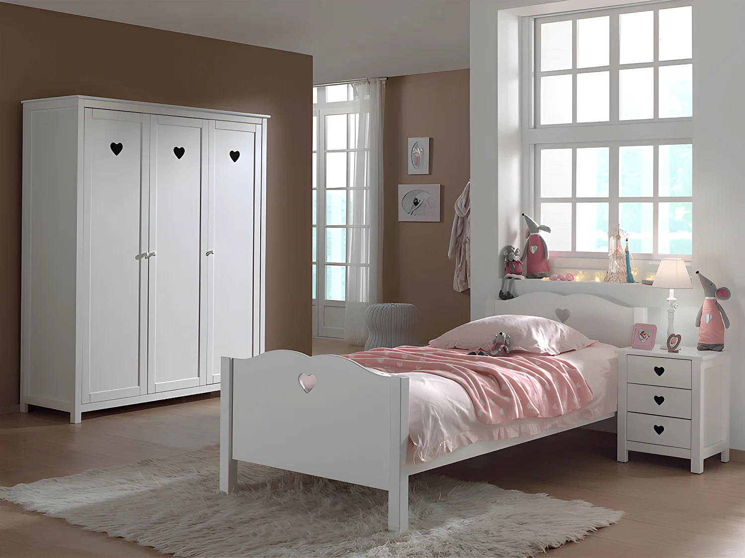 Pack - Lit Enfant, Sommier, Chevet & Armoire "Amori" 90x200cm Blanc
