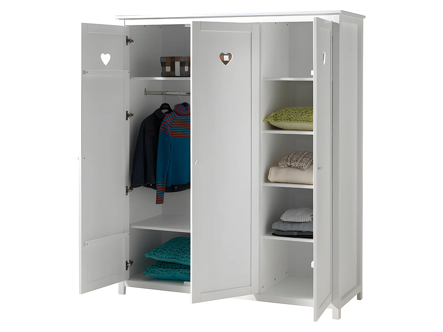 Pack - Lit Enfant, Sommier, Chevet & Armoire "Amori" 90x200cm Blanc