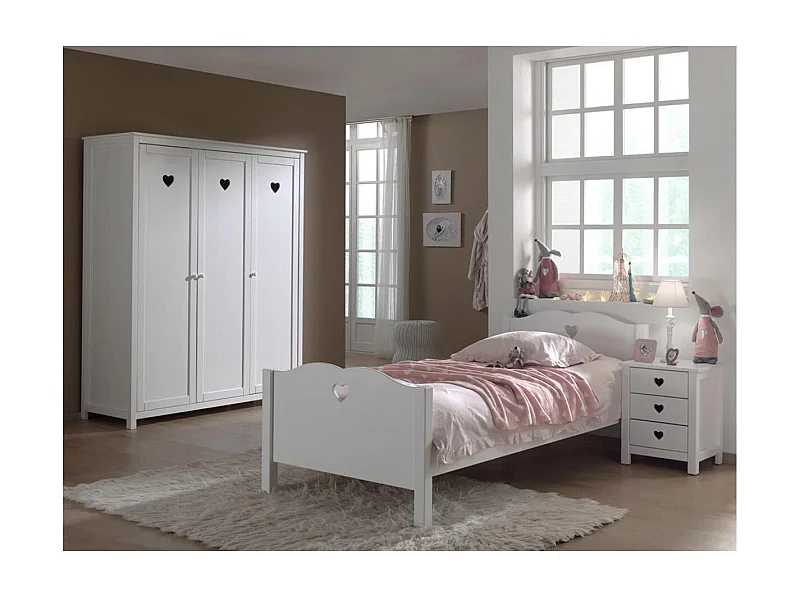 Pack - Lit Enfant, Sommier, Chevet & Armoire "Amori" 90x200cm Blanc