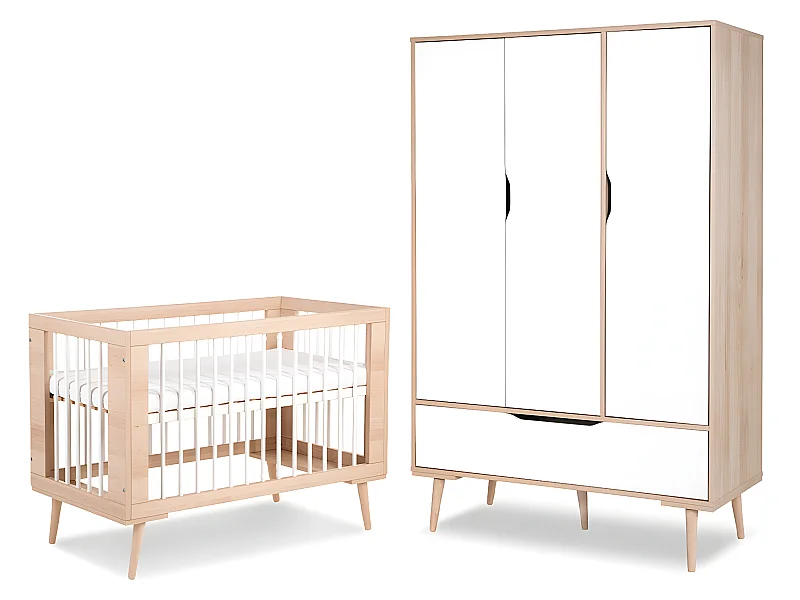 Lit bébé 60x120 et armoire 3 portes LittleSky by Klups Sofie Hêtre et Blanc
