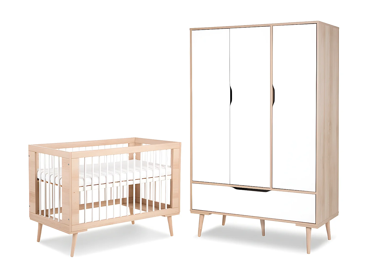 Lit bébé 60x120 et armoire 3 portes LittleSky by Klups Sofie Hêtre et Blanc