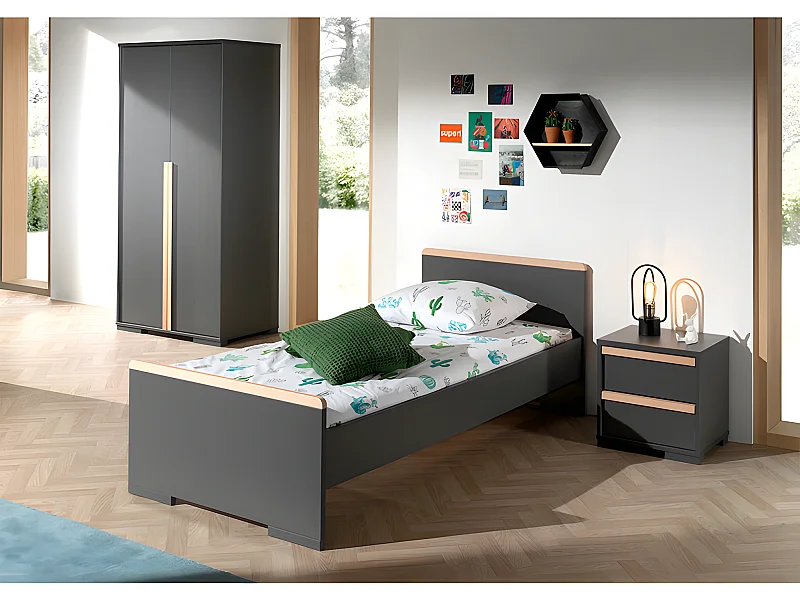 Pack - Lit Enfant, Chevet & Armoire "London" Gris Anthracite