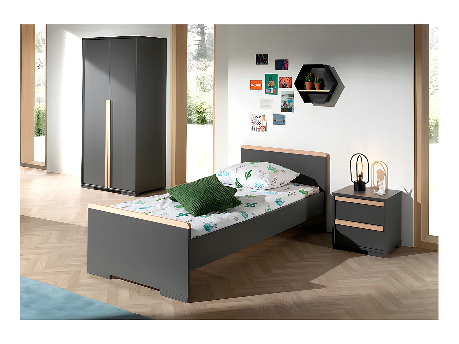 Pack - Lit Enfant, Chevet & Armoire "London" Gris Anthracite